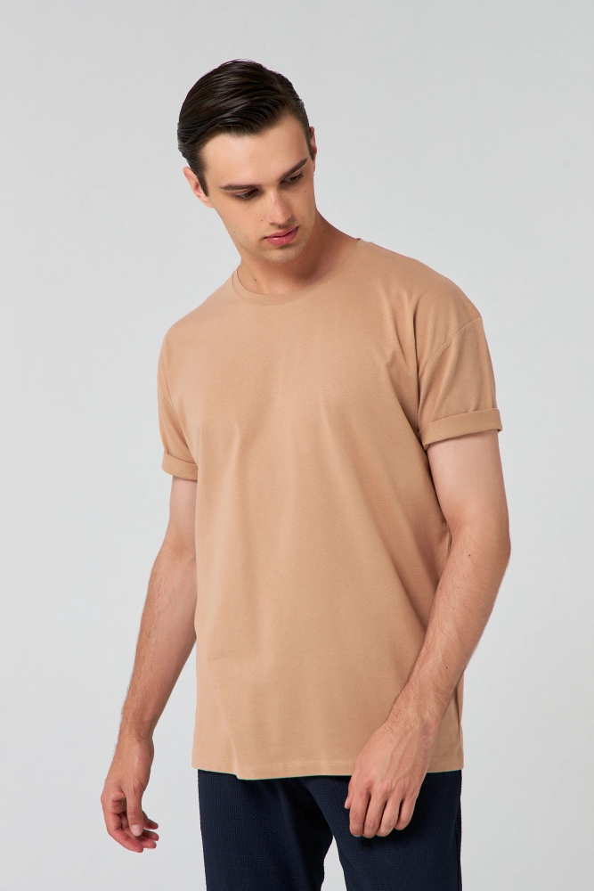 Ds Damat Oversize Bej Bisiklet Yaka %100 Pamuk T-Shirt
