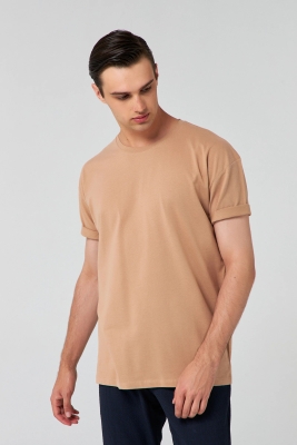 Ds Damat Oversize Bej Bisiklet Yaka %100 Pamuk T-Shirt