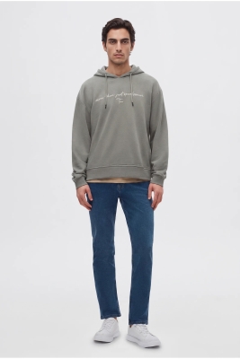 Twn Relaxed Fit Haki Nakışlı 3 İplik Kapüşonlu Sweatshirt